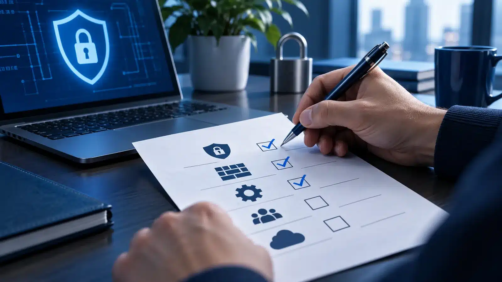 Conceptual illustration: human hand reviewing a paper security checklist beside a computer, no readable names