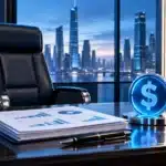 Finanzbüro mit leerem Führungssessel und digitalem Dollar