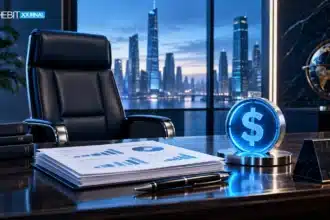 Finance office with an empty executive chair and a digital dollar