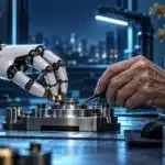 Roboterhand und menschliche Hand an einer Arbeitsstation