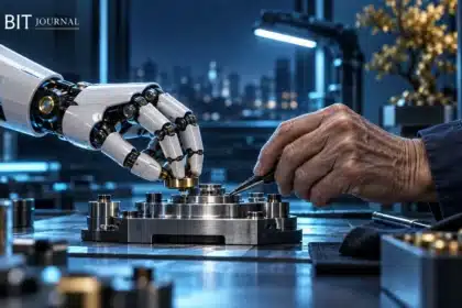 Robotic and human hands working at an industrial station
