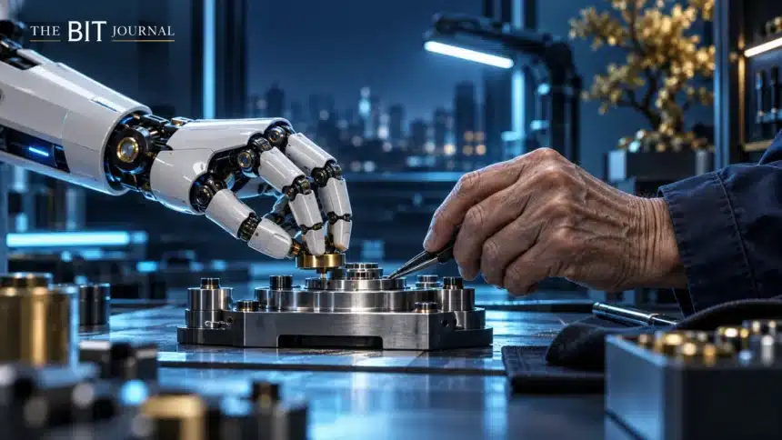 BIS study finds AI cannot offset ageing equally across industries 7 Robotic and human hands working at an industrial station