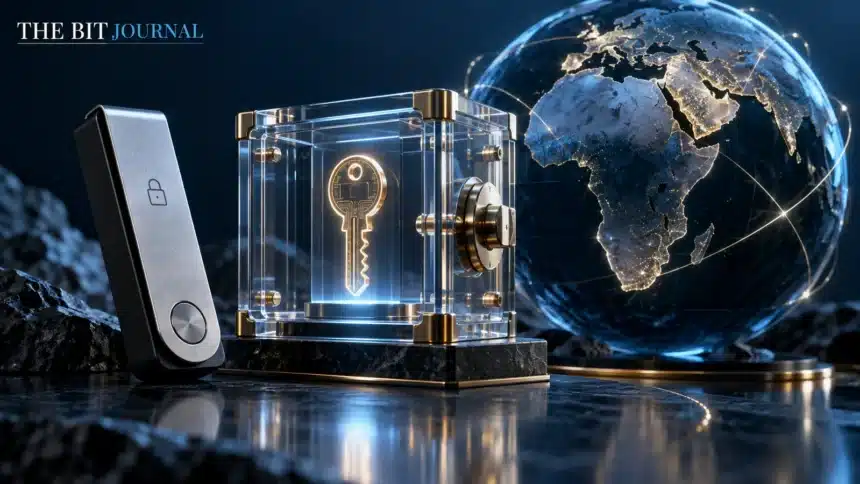 Self-custody wallet beside a globe showing Africa and the Gulf