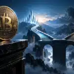 Bitcoin coin overlooking two possible market paths