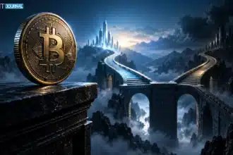 Bitcoin coin overlooking two possible market paths