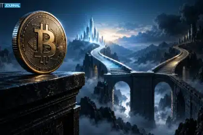 Bitcoin coin overlooking two possible market paths