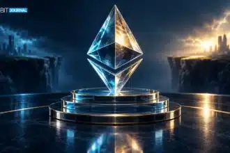 Ethereum-Kristall auf einem mehrschichtigen Sockel