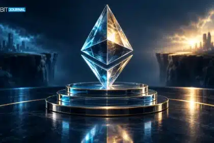 Ethereum crystal on a layered pedestal