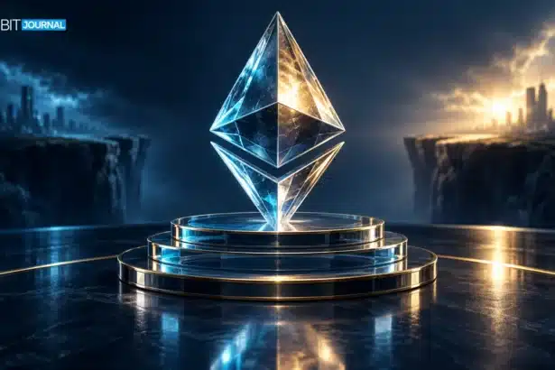Ethereum crystal on a layered pedestal