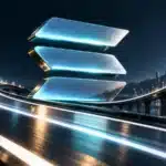 Solana-Symbol über einer gebogenen Lichtspur