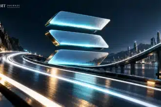 Solana symbol above a curved illuminated track