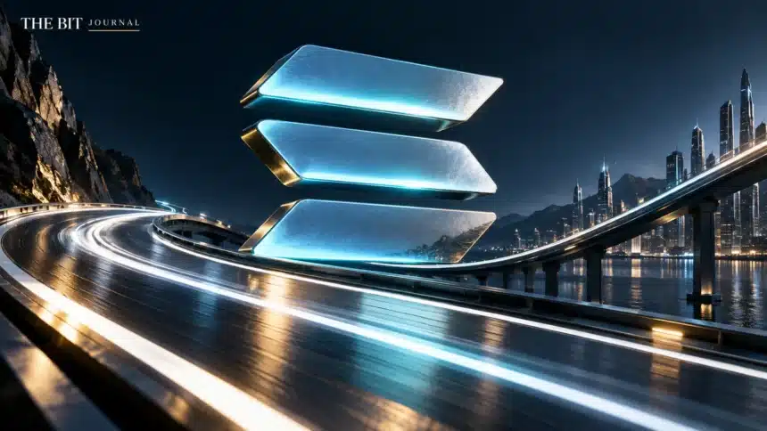 Solana symbol above a curved illuminated track