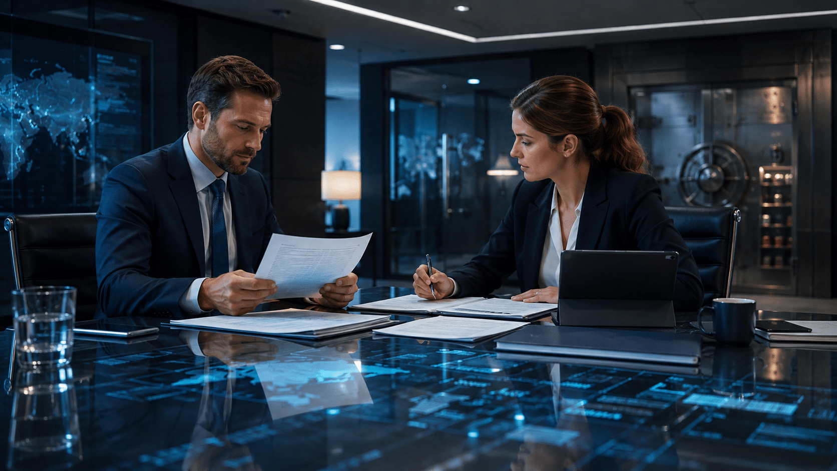 Financial professionals reviewing market-infrastructure documents