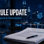 Editorial illustration of an SEC transfer-agent rule update and tokenized securities recordkeeping