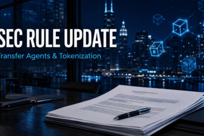 Editorial illustration of an SEC transfer-agent rule update and tokenized securities recordkeeping