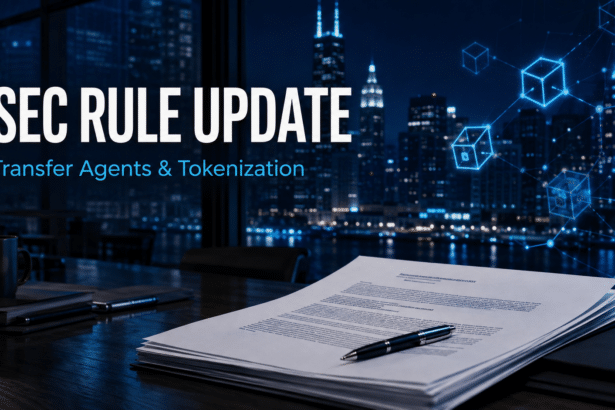 Editorial illustration of an SEC transfer-agent rule update and tokenized securities recordkeeping