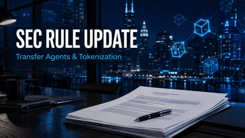 SEC Proposes Transfer-Agent Rule Update That References Blockchain-Based Share Transfers 7 Editorial illustration of an SEC transfer-agent rule update and tokenized securities recordkeeping