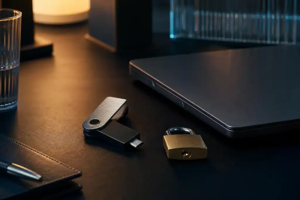 Hardware security key and brass padlock on a desk representing account takeover protection
