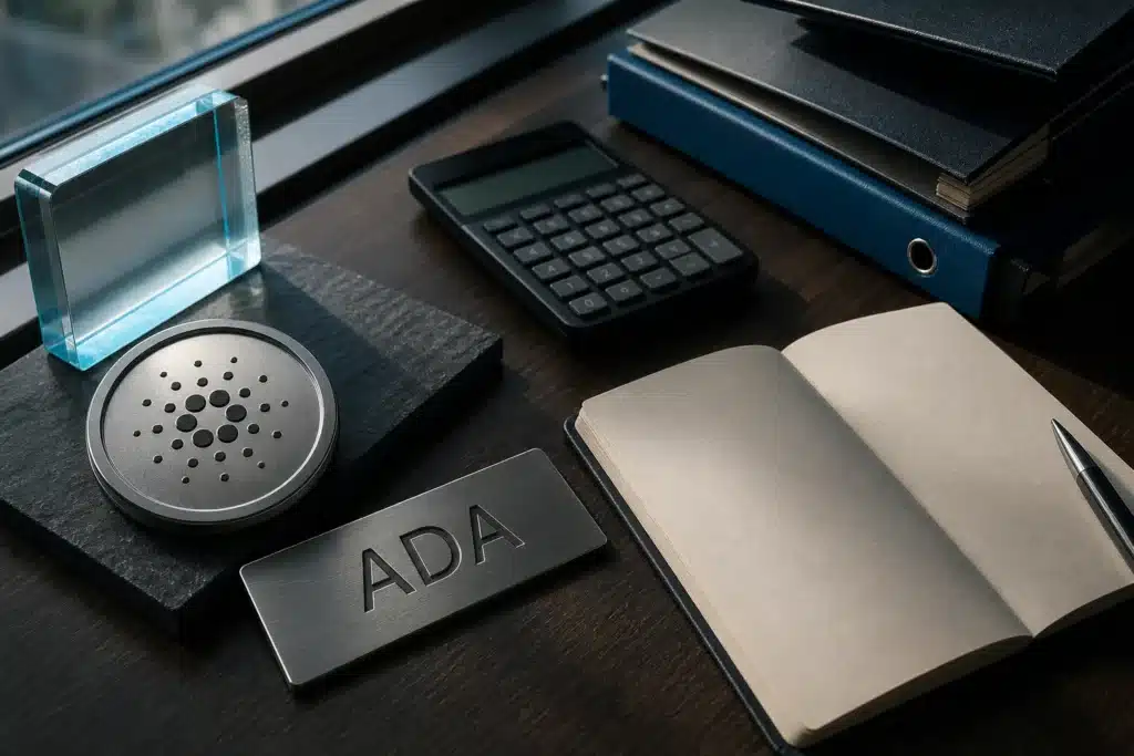 What is Cardano? A Guide to ADA Market Data, Supply and Risks 8 Metal ADA nameplate beside research materials on a walnut desk