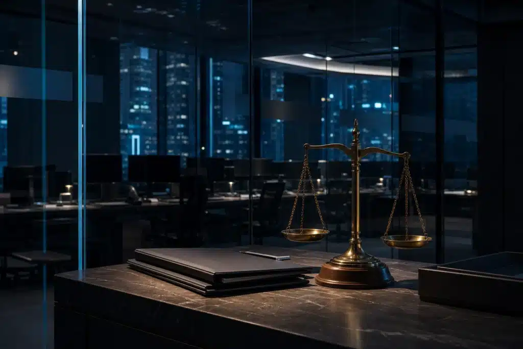 Balance scale on a risk-management desk overlooking an empty trading room at night