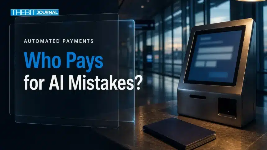 Airport booking terminal and closed passport illustrating accountability risks in AI agent payments