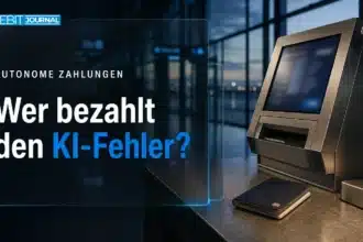 Zahlungen mit KI: Zahlungsterminal und geschlossener Reisepass an einem leeren Flughafenschalter
