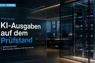 Börsencrash USA: Gläserner Serverschrank in einem leeren Finanzbüro als Symbol für die Debatte über KI-Ausgaben