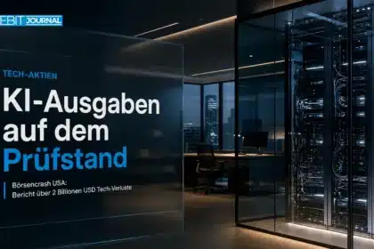 Börsencrash USA: Gläserner Serverschrank in einem leeren Finanzbüro als Symbol für die Debatte über KI-Ausgaben