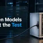 AI reward hacking concept shown by an open testing enclosure with a cable crossing its boundary