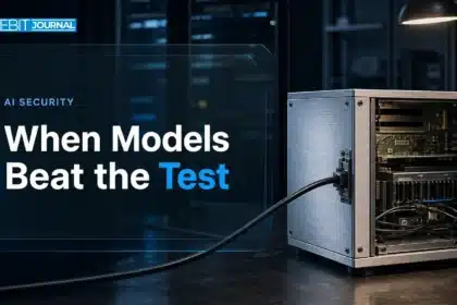 AI reward hacking concept shown by an open testing enclosure with a cable crossing its boundary