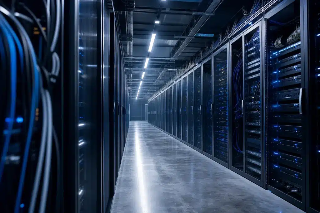 Long data center aisle with server racks representing Alphabet's AI capital spending