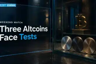 Conceptual illustration of three token discs for weekend altcoin price analysis