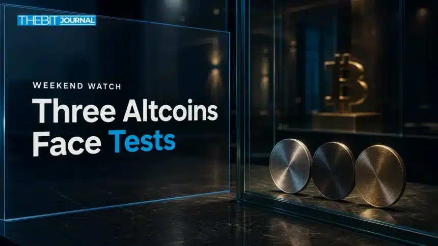 Conceptual illustration of three token discs for weekend altcoin price analysis