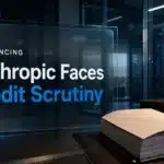 Anthropic credit rating scrutiny illustrated by a credit dossier beside a glass-walled server corridor