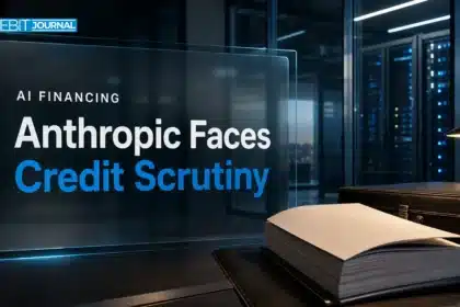 Anthropic credit rating scrutiny illustrated by a credit dossier beside a glass-walled server corridor