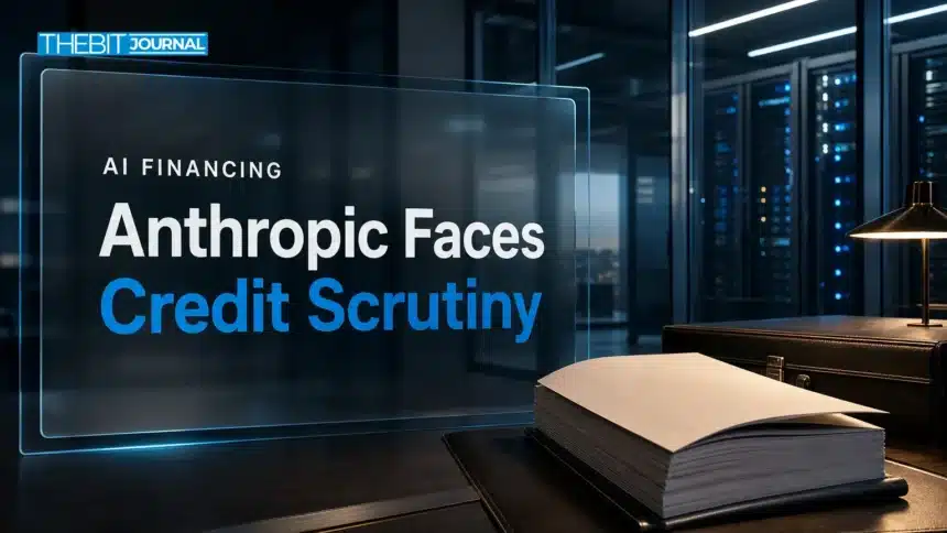 Anthropic Credit Rating Doubts Cloud AI Plan Above $800 Billion 7 Anthropic credit rating scrutiny illustrated by a credit dossier beside a glass-walled server corridor