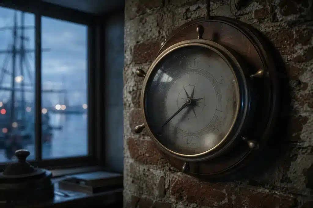 Dogecoin Price Prediction 2026-2030: DOGE Scenarios, Drivers and Risks 8 Antique barometer on a brick wall in dim harbour office light, symbolising DOGE's distance from its peak