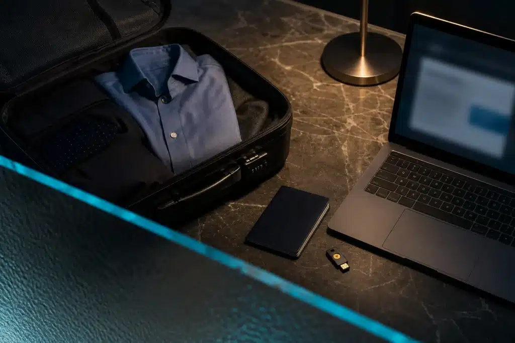Travel desk with a laptop, passport and packed suitcase under warm light
