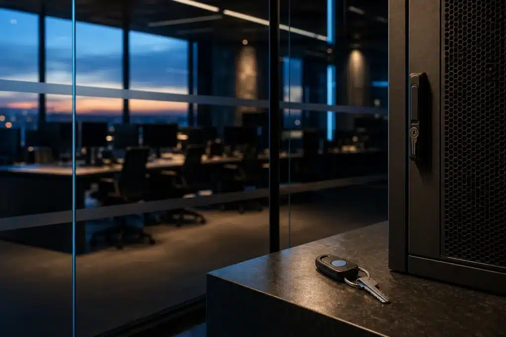 Reward Hacking: Warum hohe KI-Testwerte täuschen können 9 Zugangsschlüssel auf einer Metallablage vor einem verschlossenen Geräteschrank.