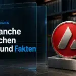 Avalanche Coin als Recherchethema: rotes Emblem auf einem Metallsockel vor unscharfen Bücherregalen