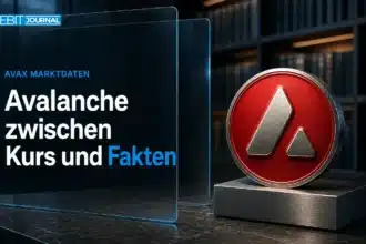 Avalanche Coin als Recherchethema: rotes Emblem auf einem Metallsockel vor unscharfen Bücherregalen
