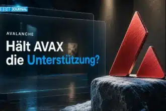 Avalanche Prognose 2026: gebürstete Metallskulptur des AVAX-Dreiecks auf dunklem Granit