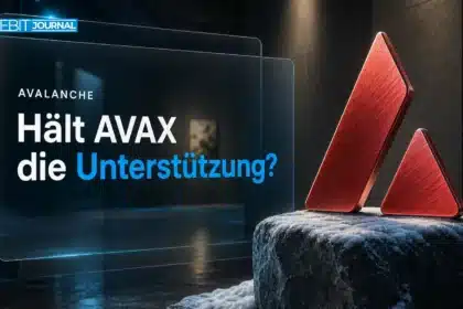 Avalanche Prognose 2026: gebürstete Metallskulptur des AVAX-Dreiecks auf dunklem Granit