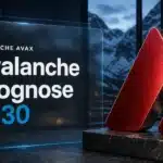 Metallskulptur des Avalanche-Logos vor verschneiten Gipfeln zur Avalanche Prognose 2030