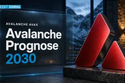 Metallskulptur des Avalanche-Logos vor verschneiten Gipfeln zur Avalanche Prognose 2030
