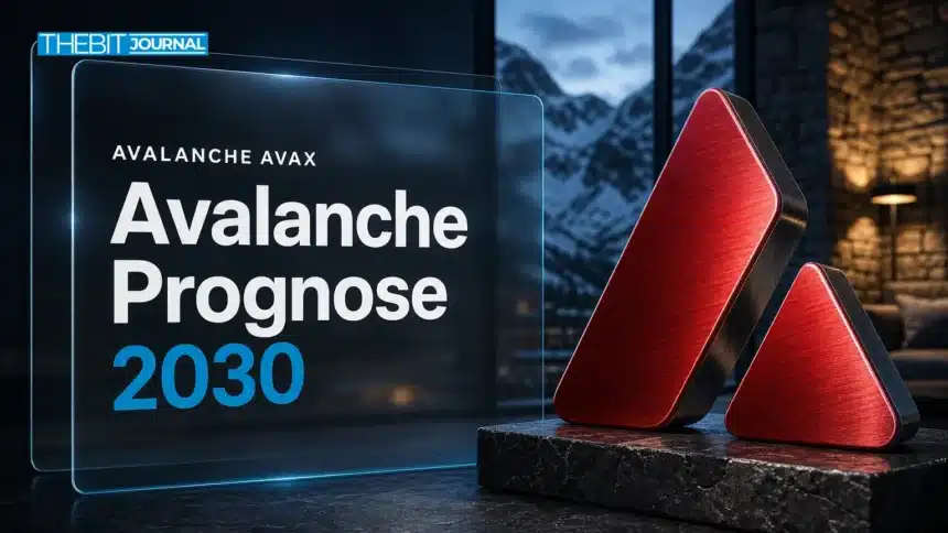 Metallskulptur des Avalanche-Logos vor verschneiten Gipfeln zur Avalanche Prognose 2030