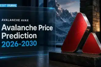 Metal Avalanche logo sculpture with snowy peaks for an Avalanche price prediction 2026-2030 article