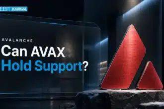 Avalanche price prediction 2026 cover with a brushed-metal AVAX triangle sculpture on granite