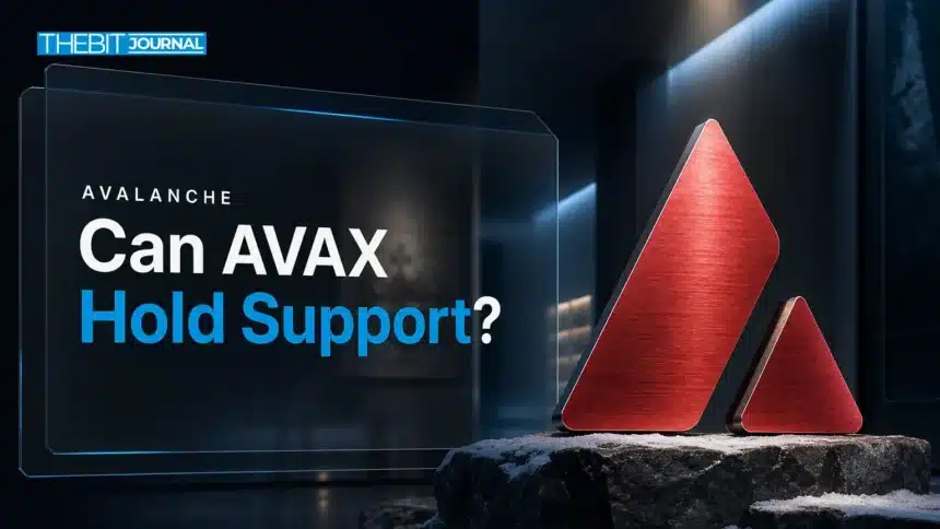 Avalanche price prediction 2026 cover with a brushed-metal AVAX triangle sculpture on granite
