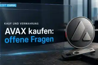 Avalanche kaufen: AVAX-Metallemblem neben Sicherheitsschlüssel und geschlossenem Ledernotizbuch
